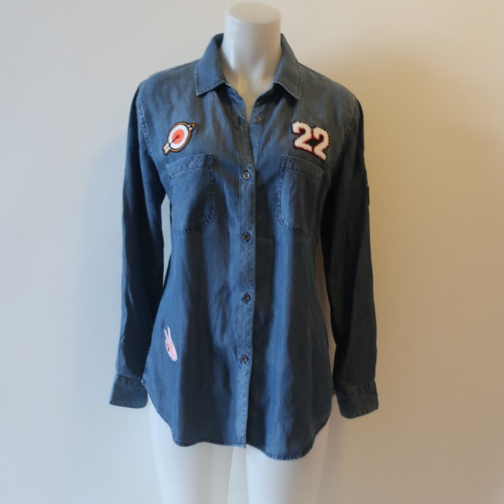 NWT WOMEN RAILS BLUE PATCH DESIGN CHAMBRAY BUTTON SHIRT TOP M *